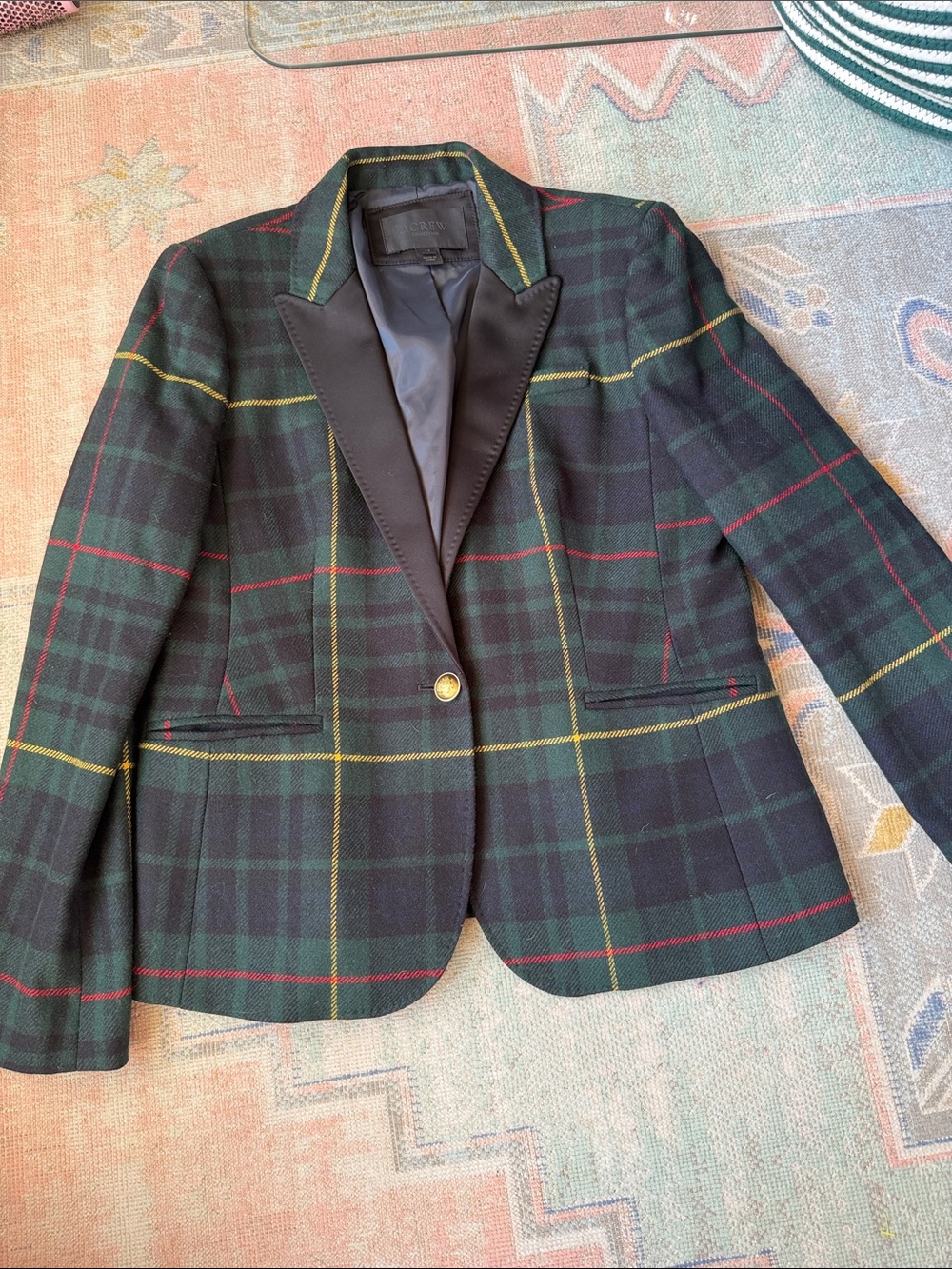 J. Crew Dark Green Tartan Blazer with Black Satin Lapel